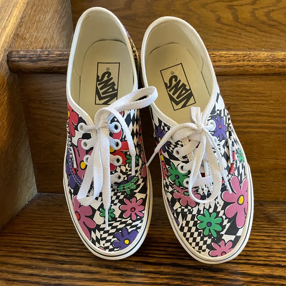 VANS low-top sneakers/ floral-print /lace-up/ round toe/flat / size 6